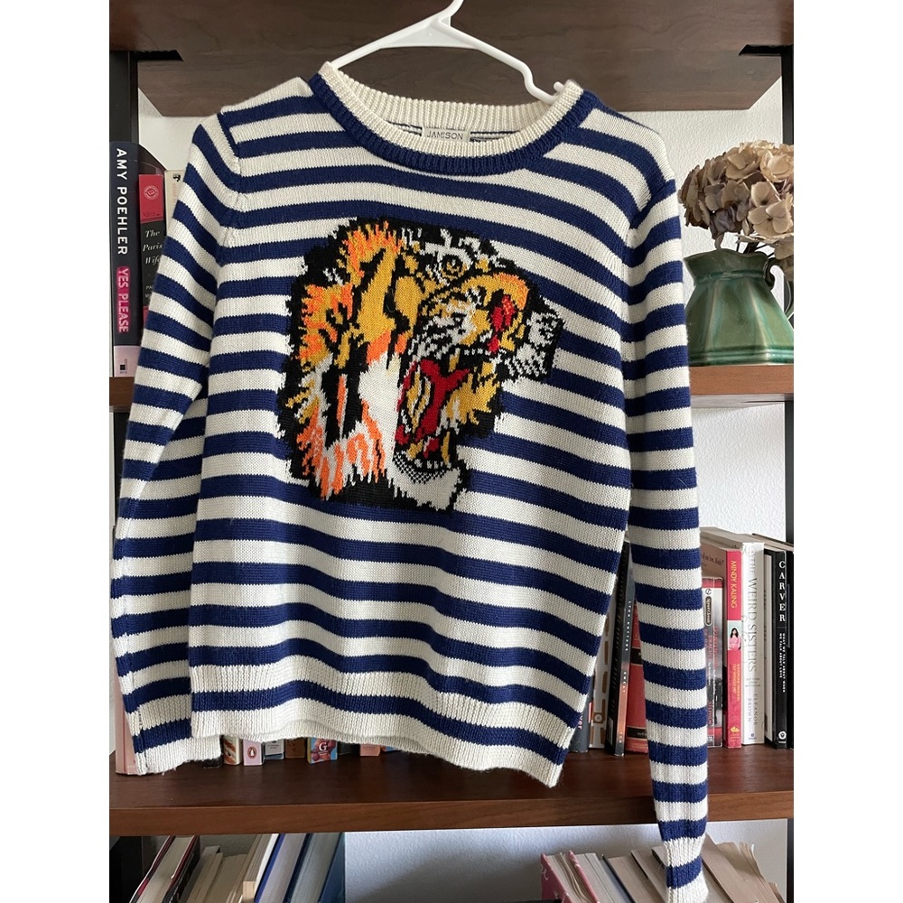 Jamison stripe and tiger wool sweater.